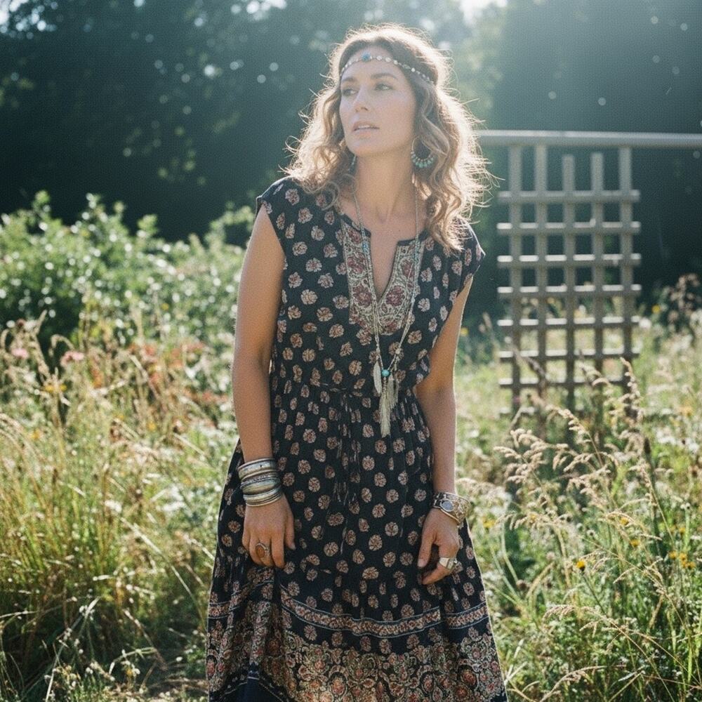 Loft Blue Floral Boho Hippie Dress V Neck Drawstring Waist Midi Dress Size S